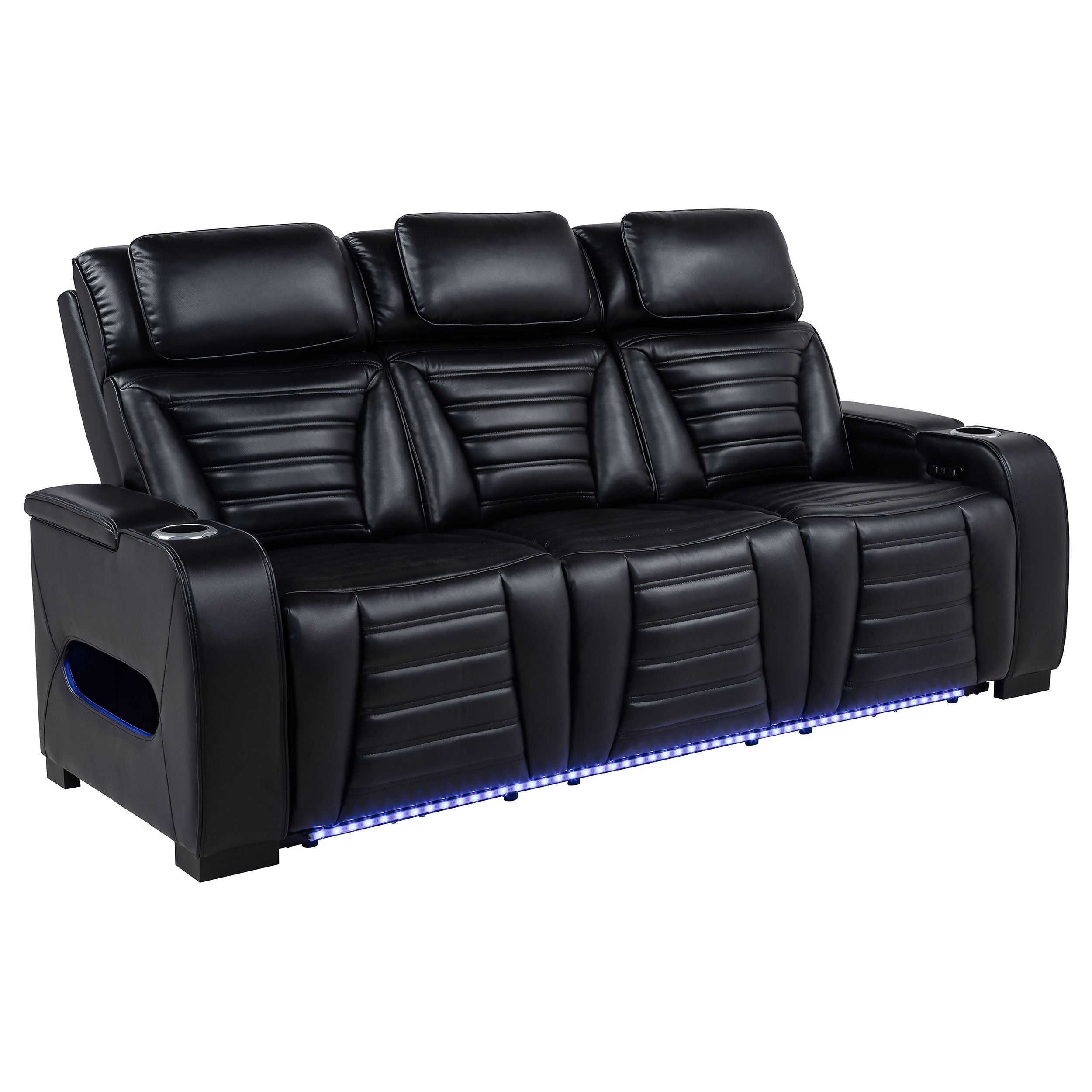 Zuma Faux Leather Dual Power Reclining LED Sofa Black