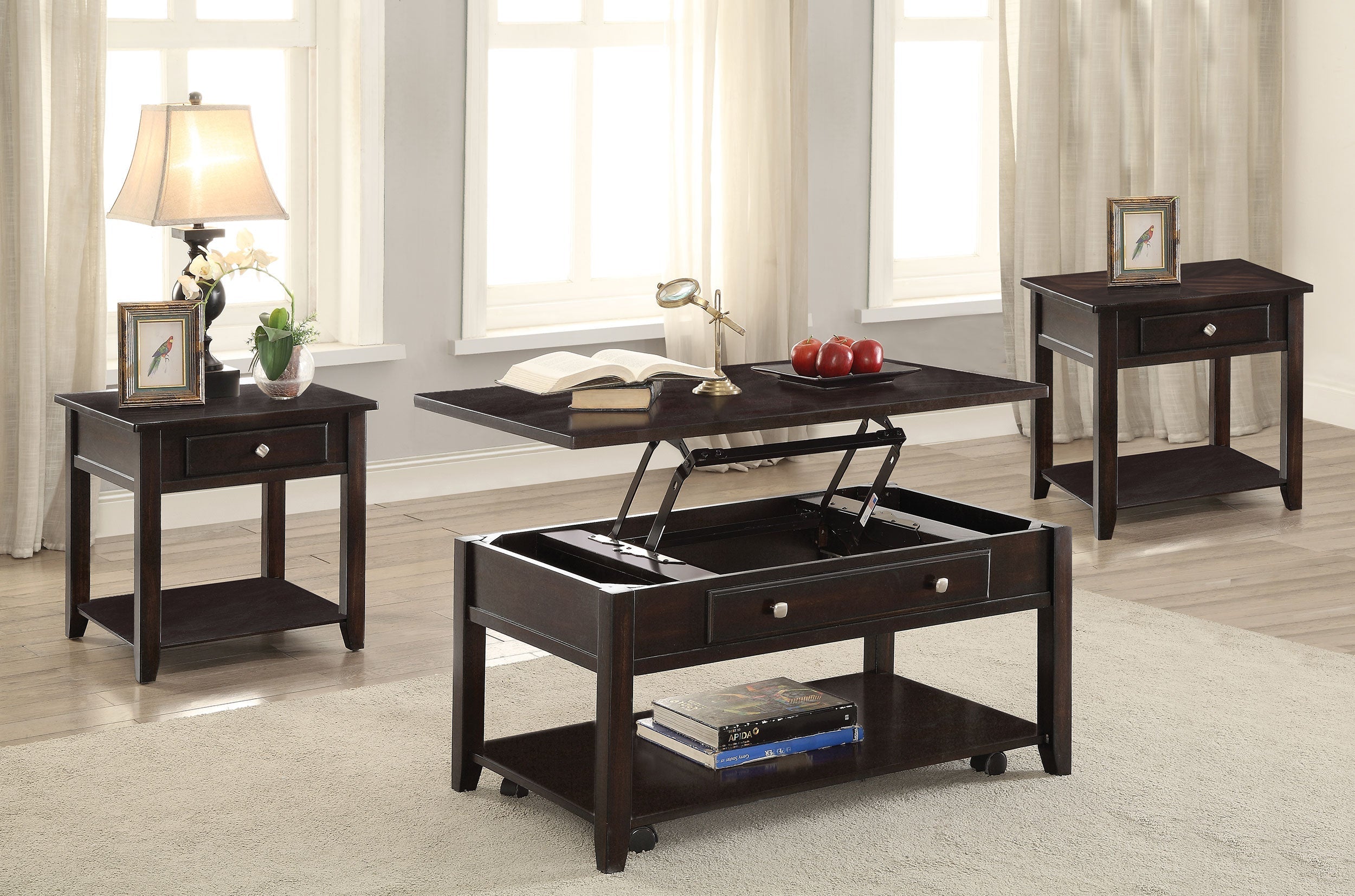 Bradford  Lift Top Coffee and End Table Set Walnut