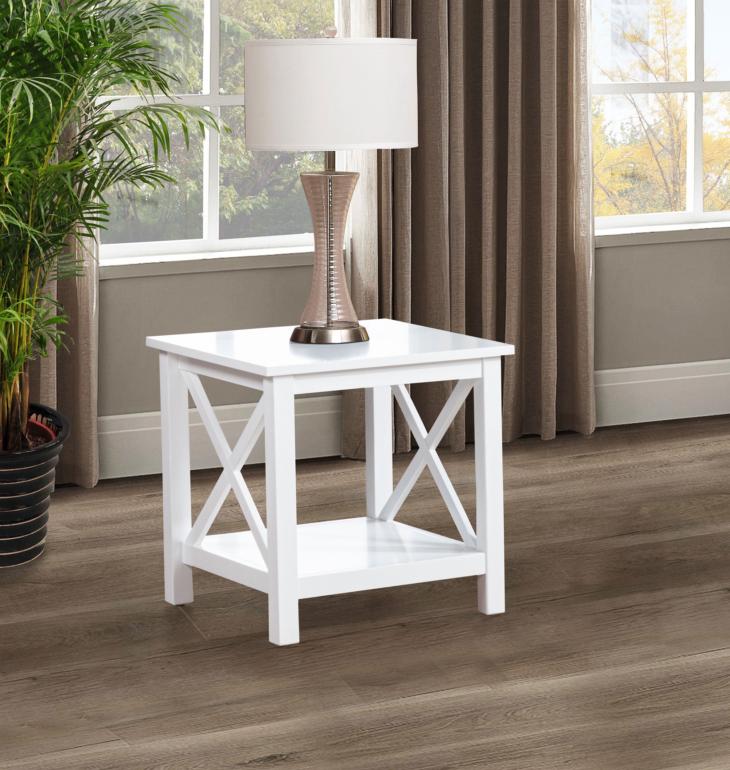Skyview Square Pine Wood Side End Table with Shelf White